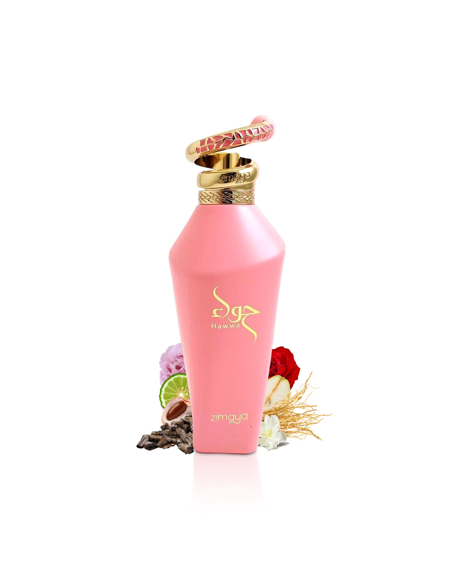 hawwa pink by zimaya perfume bottle surrounded with its ingredients like rose and litchi with many others  shows from behind the bottle against white background