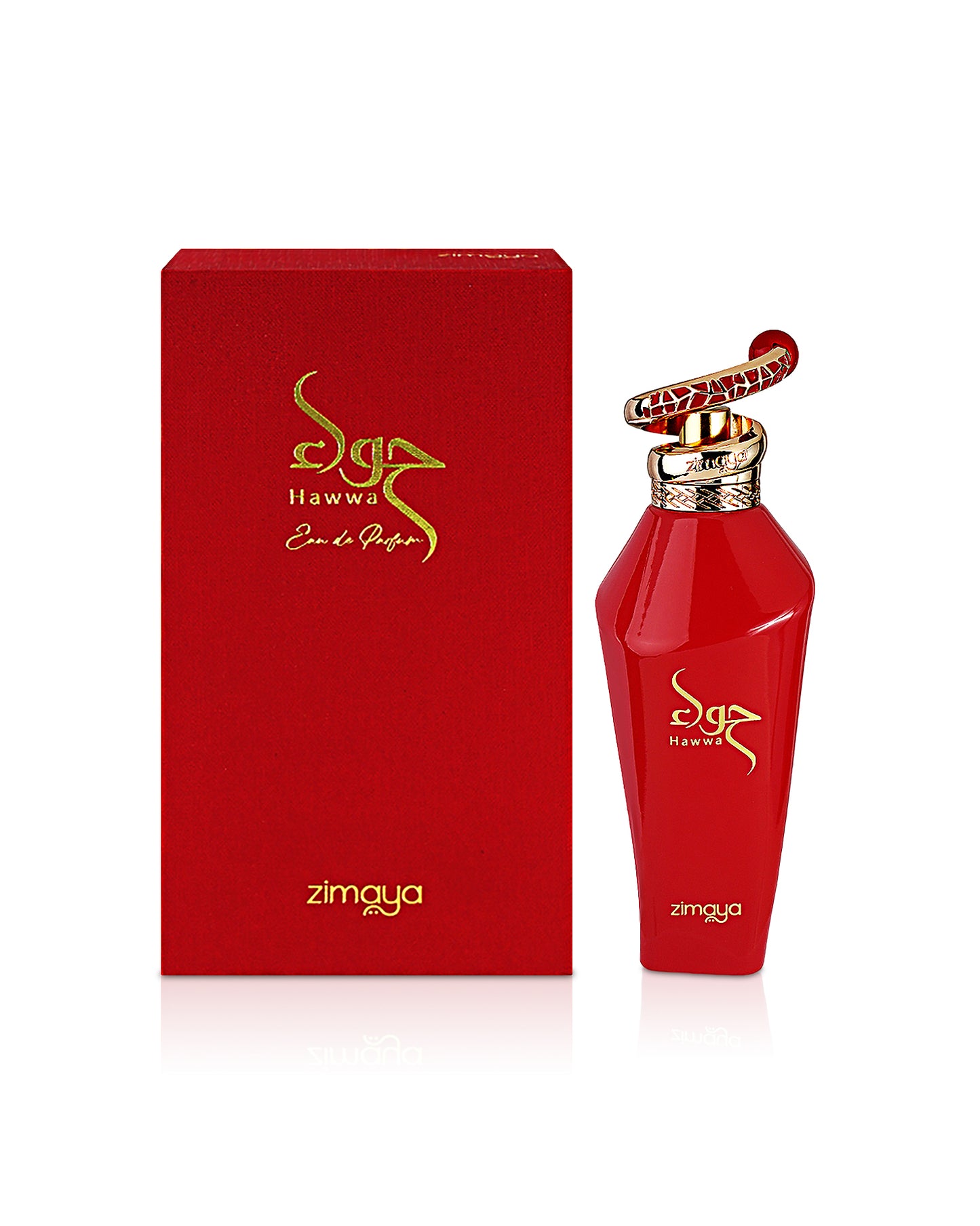 zimaya hawwa red perfume bottle shows beside its box against white background