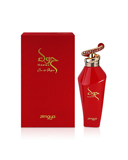 zimaya hawwa red perfume bottle shows beside its box against white background