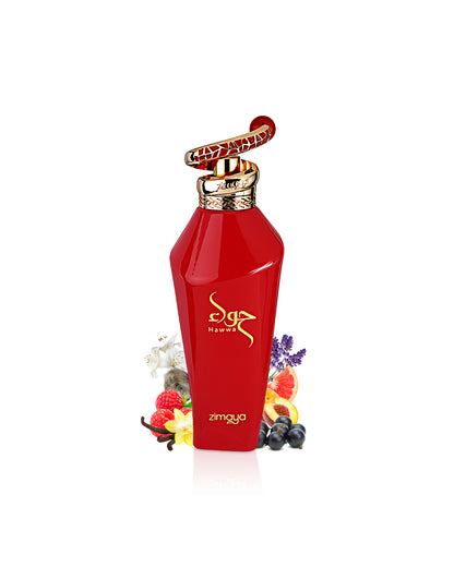 zimaya hawwa red perfume bottle surrounded with its ingredients like vanilla and peach with many others shows from behind th bottle  against white background