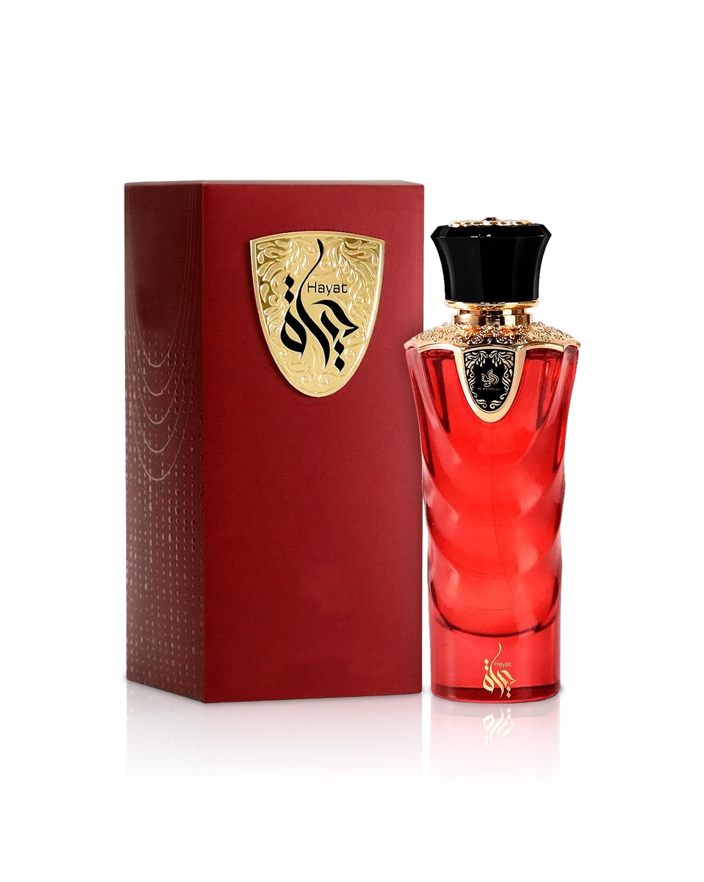 hayat al wataniah perfume bottle shows beside its box against white background