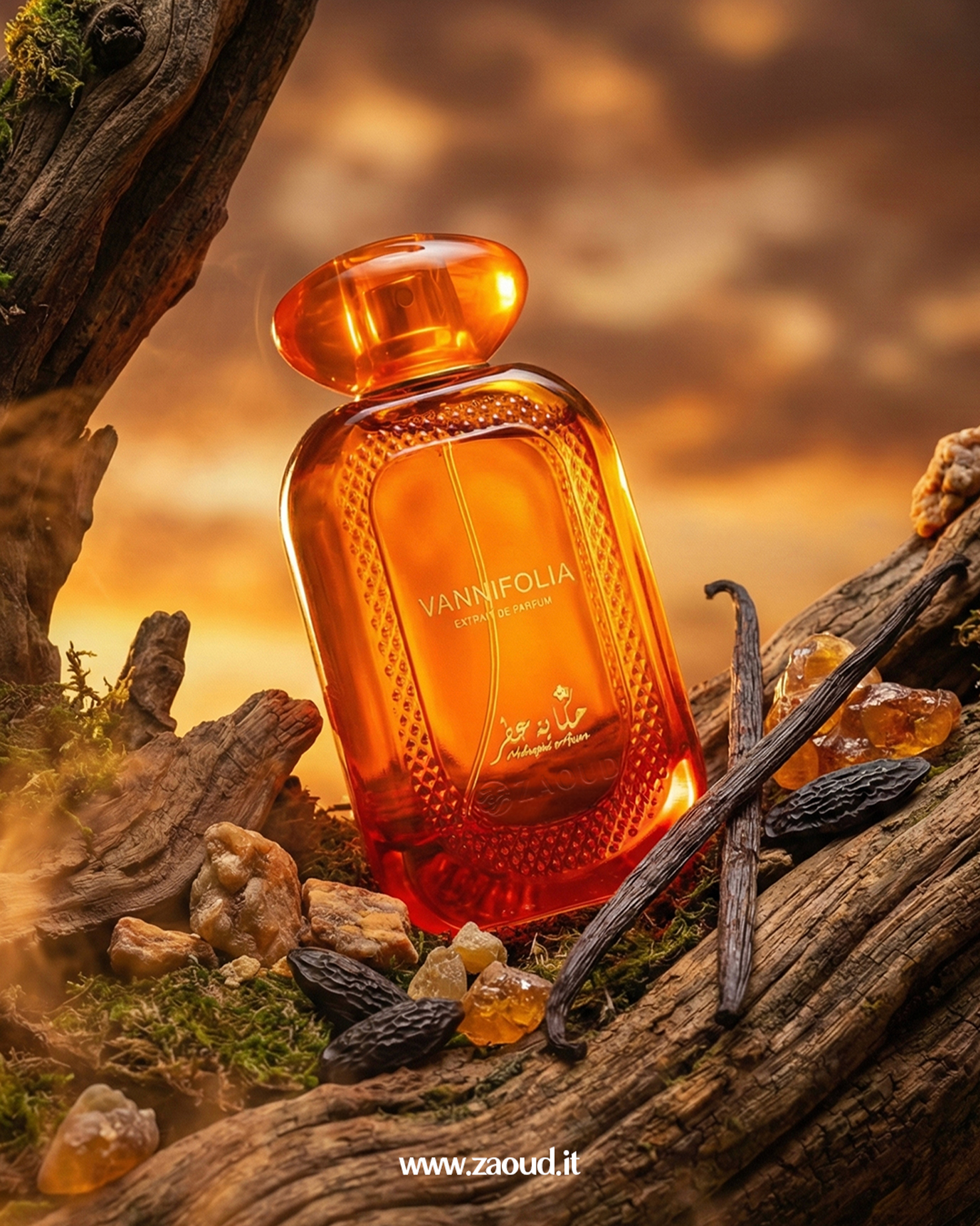 hekayat-attar-vannifolia-exdp  perfume bottle with vanilla beans and amber on a rustic background