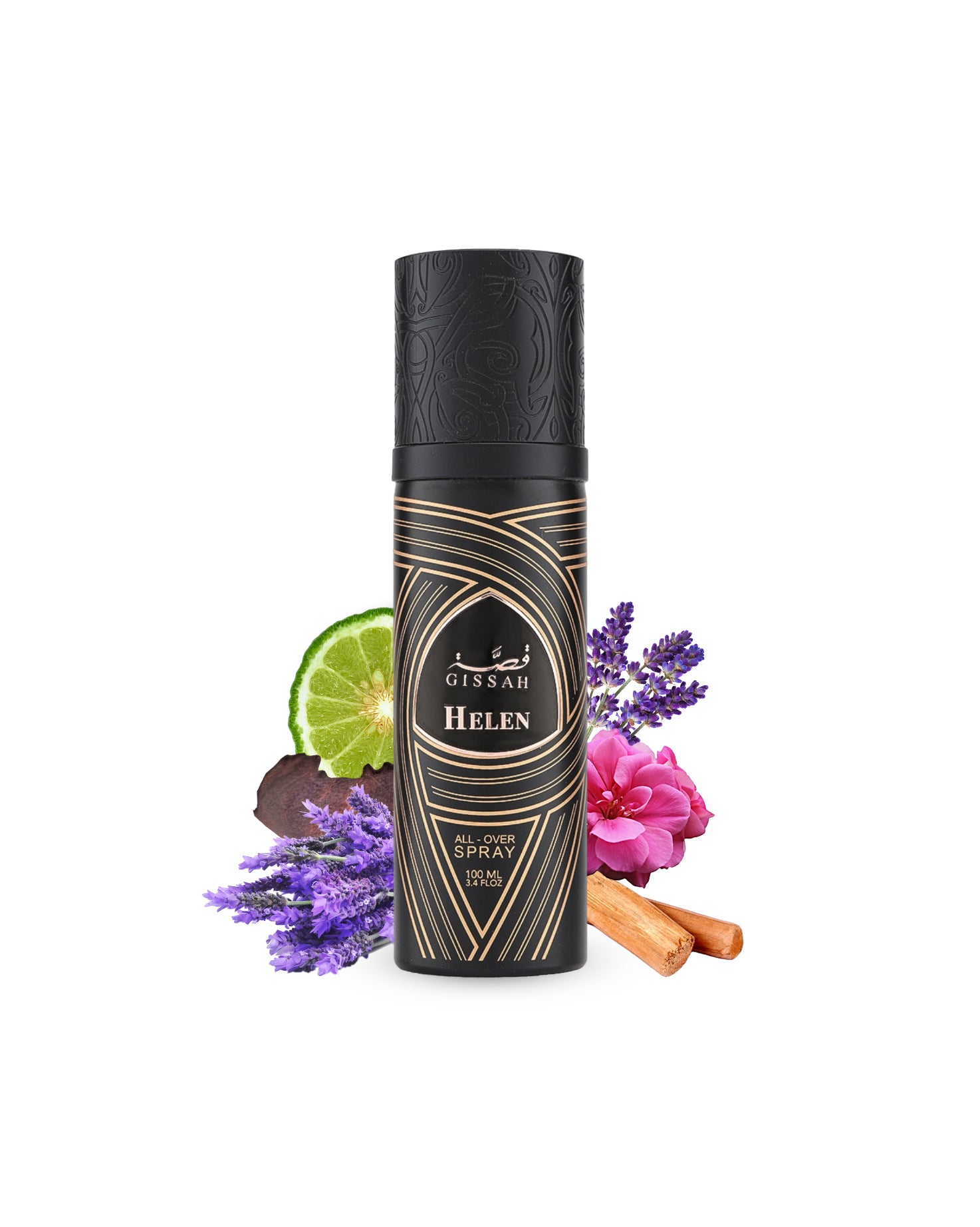 helen all over spray by gissah perfume bottlesurrounded with its ingredients like lavender and citrus shows from behind the bottle against white background