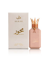 hersh mehwar perfume bottle shows beside its packaging against white background