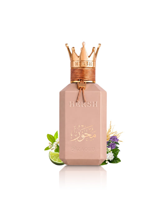 hersh mehwar perfume bottle surrounded by fragrance notes like lime and jasmine shows against white background