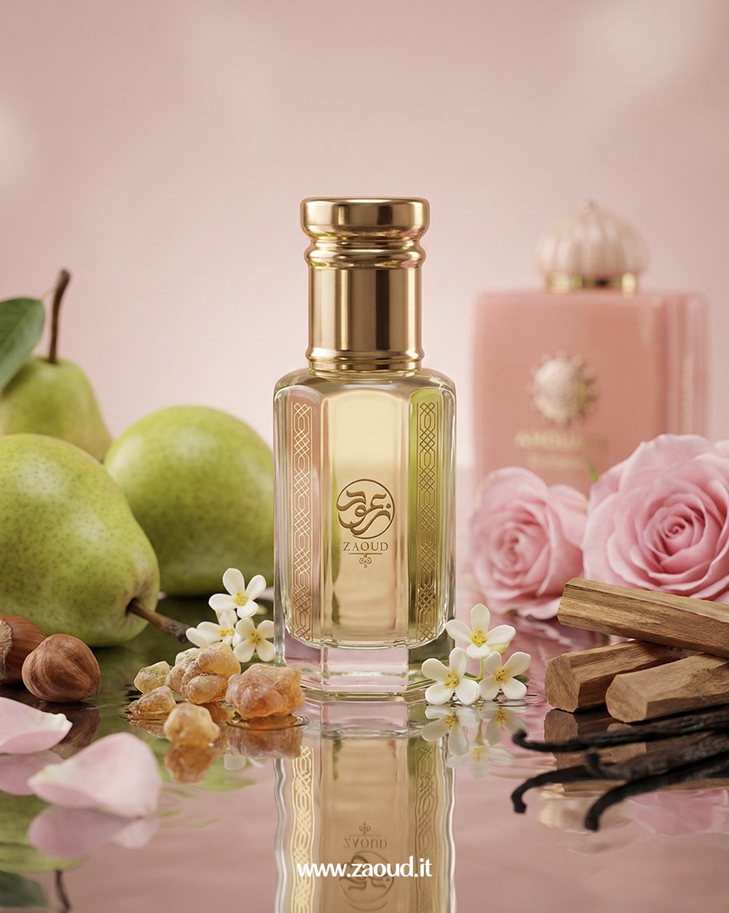 hidaya-guidance-perfume-oil with floral and fruit elements on a pink background