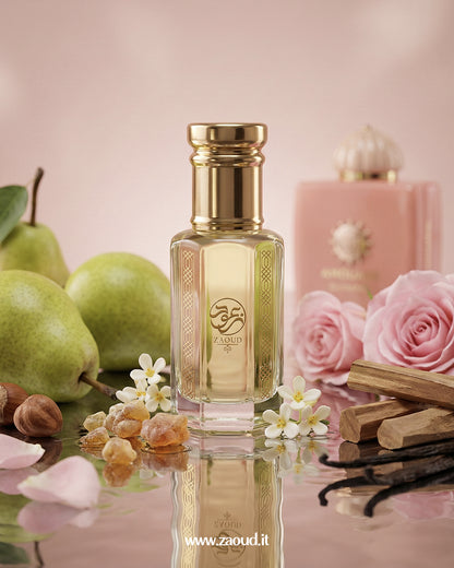 hidaya-guidance-perfume-oil with floral and fruit elements on a pink background