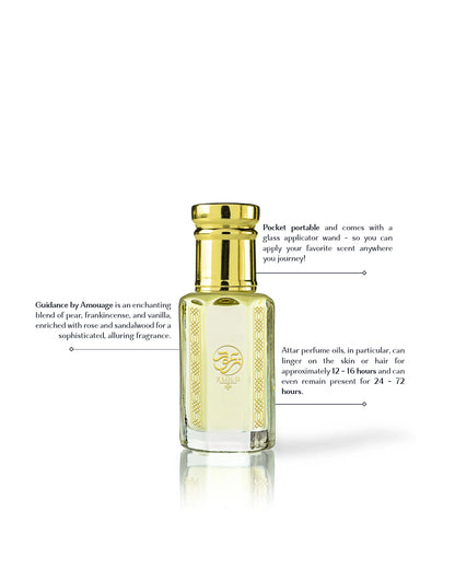 hidaya perfume oil bottle besides written fragrance informations against white background