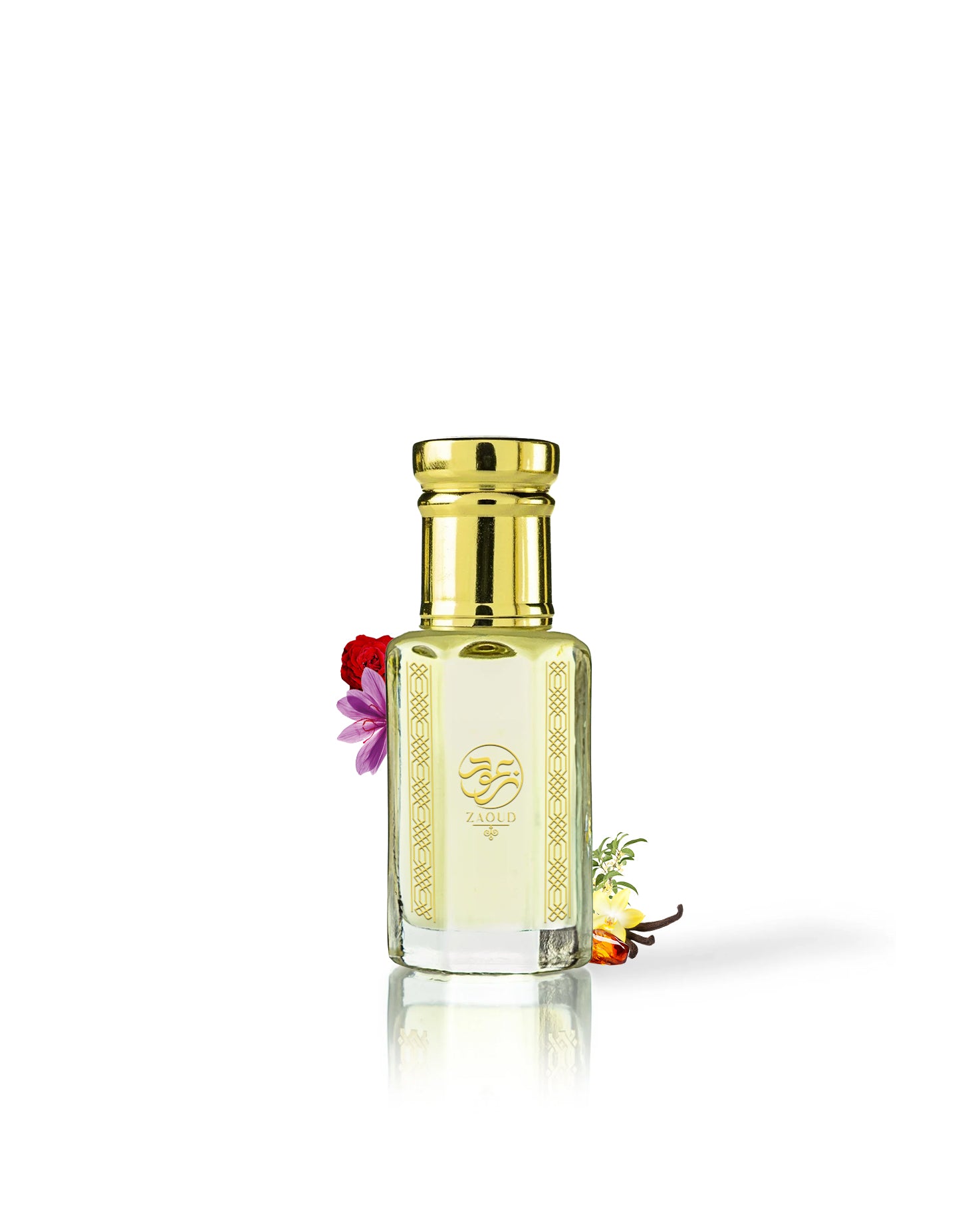 hidaya perfume oil bottle surrounded with fragrance notes like saffron and vanilla shows from behind the bottle against white background