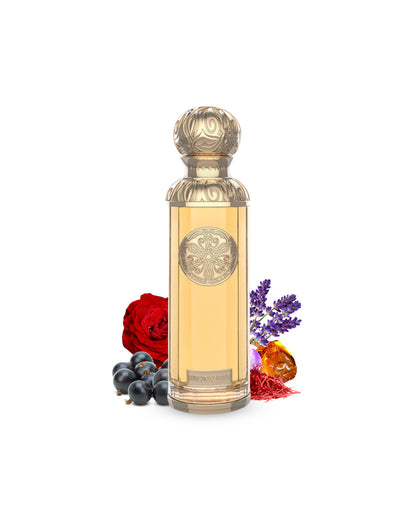 hudson valley edp by gissah perfumes bottle surrounded with its ingredients like rose and lavender with many others shows from behind the bottle against white background