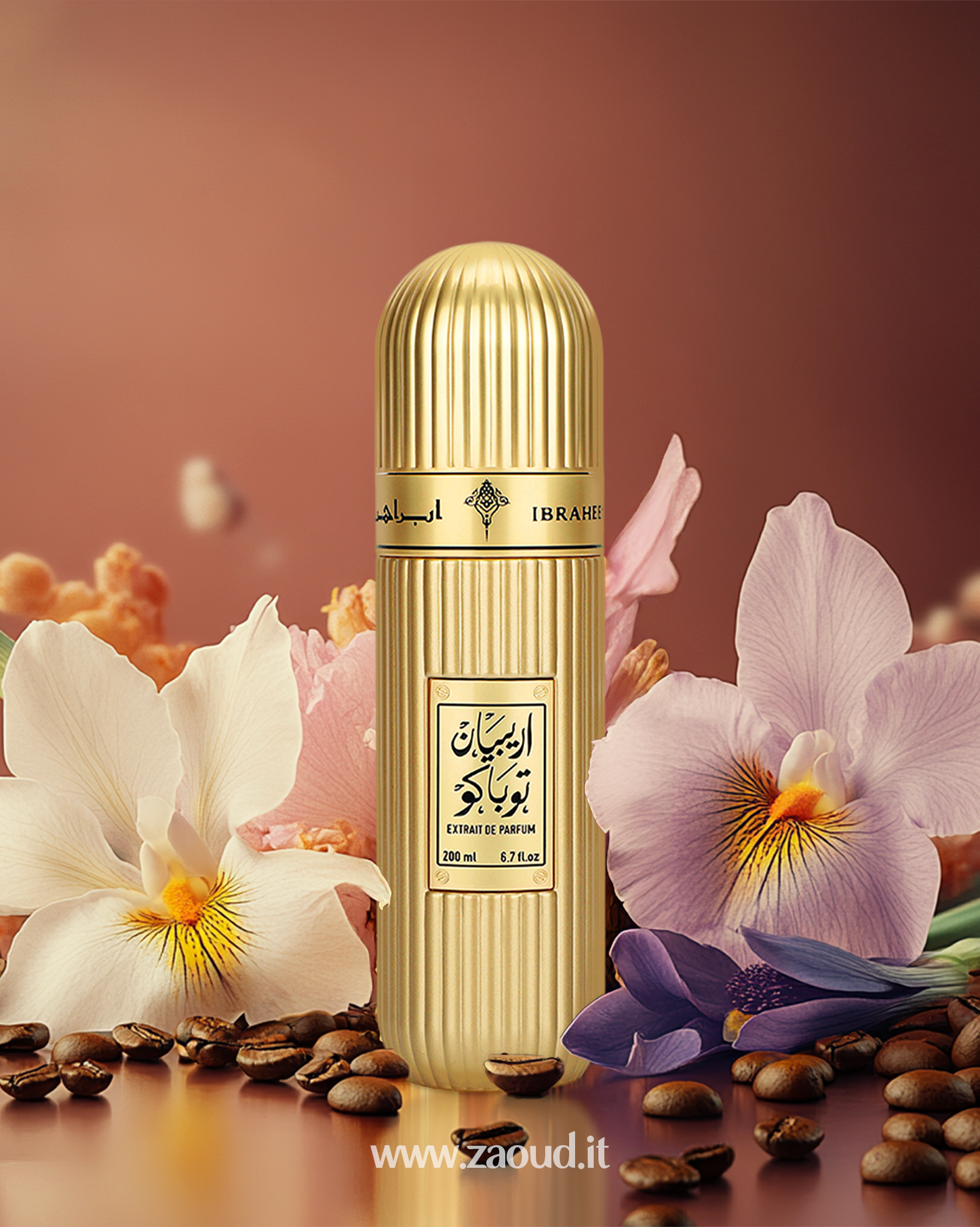 ibrahim al qurashi arabian tobacco perfume bottle photograph over reflected surface surrounded with coffee and iris flowers