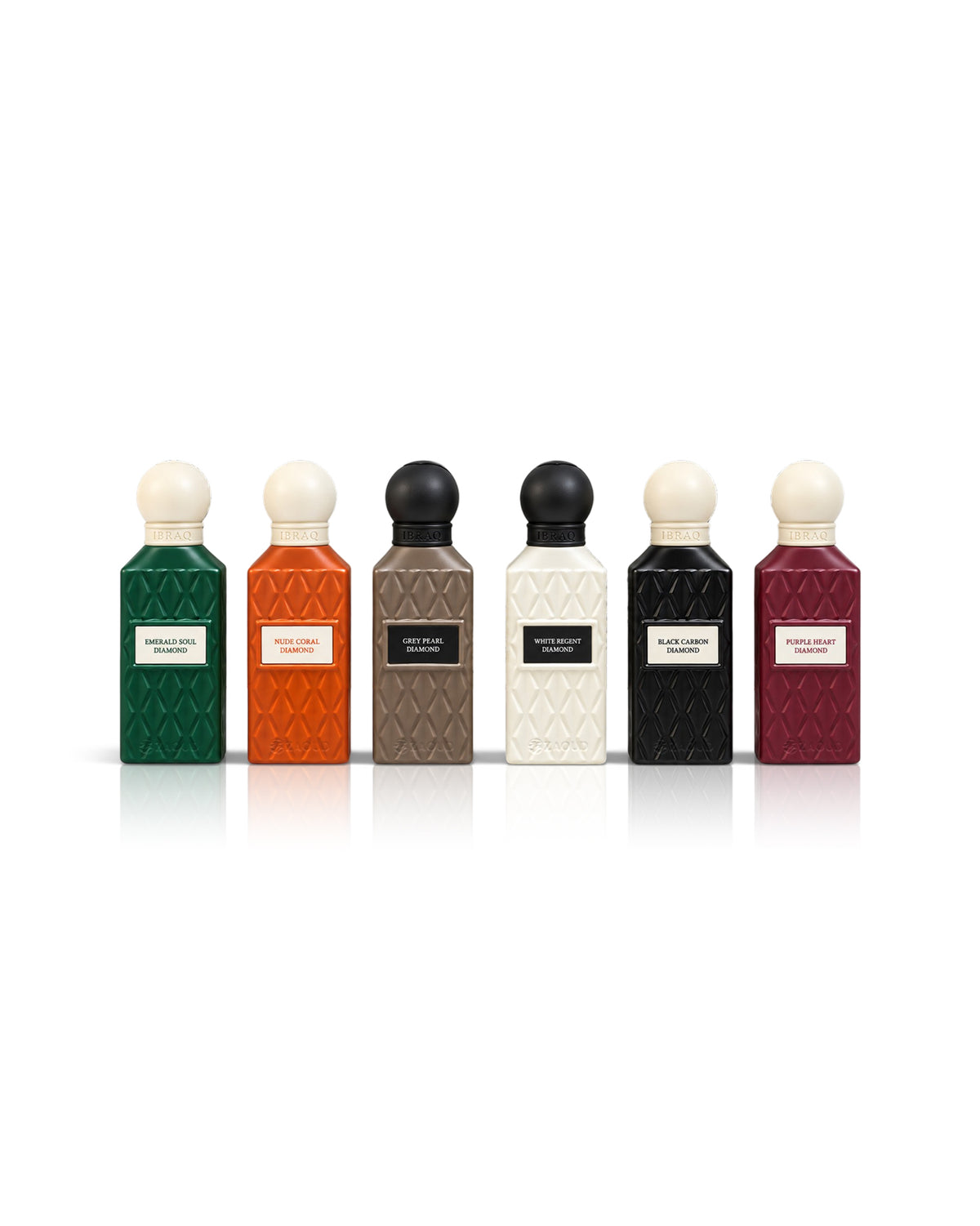 Six vintage-style ibraq mini diamond collection perfume bottles shows against white background