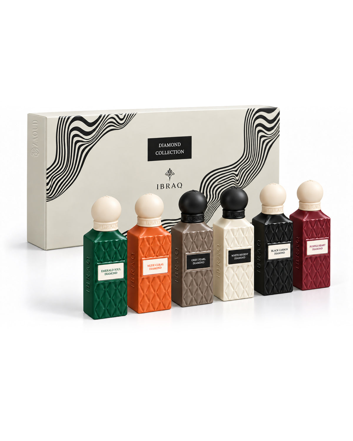 Six vintage-style ibraq mini diamond collection perfume bottles shows from left side against white background