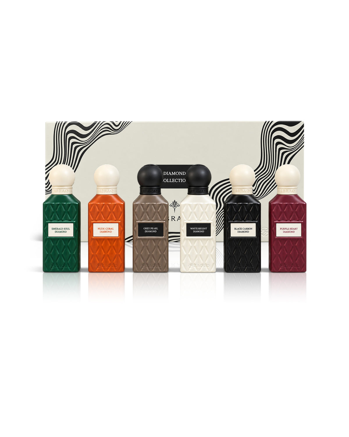 Six vintage-style ibraq mini diamond collection perfume bottles shows with its packaging behind against white background