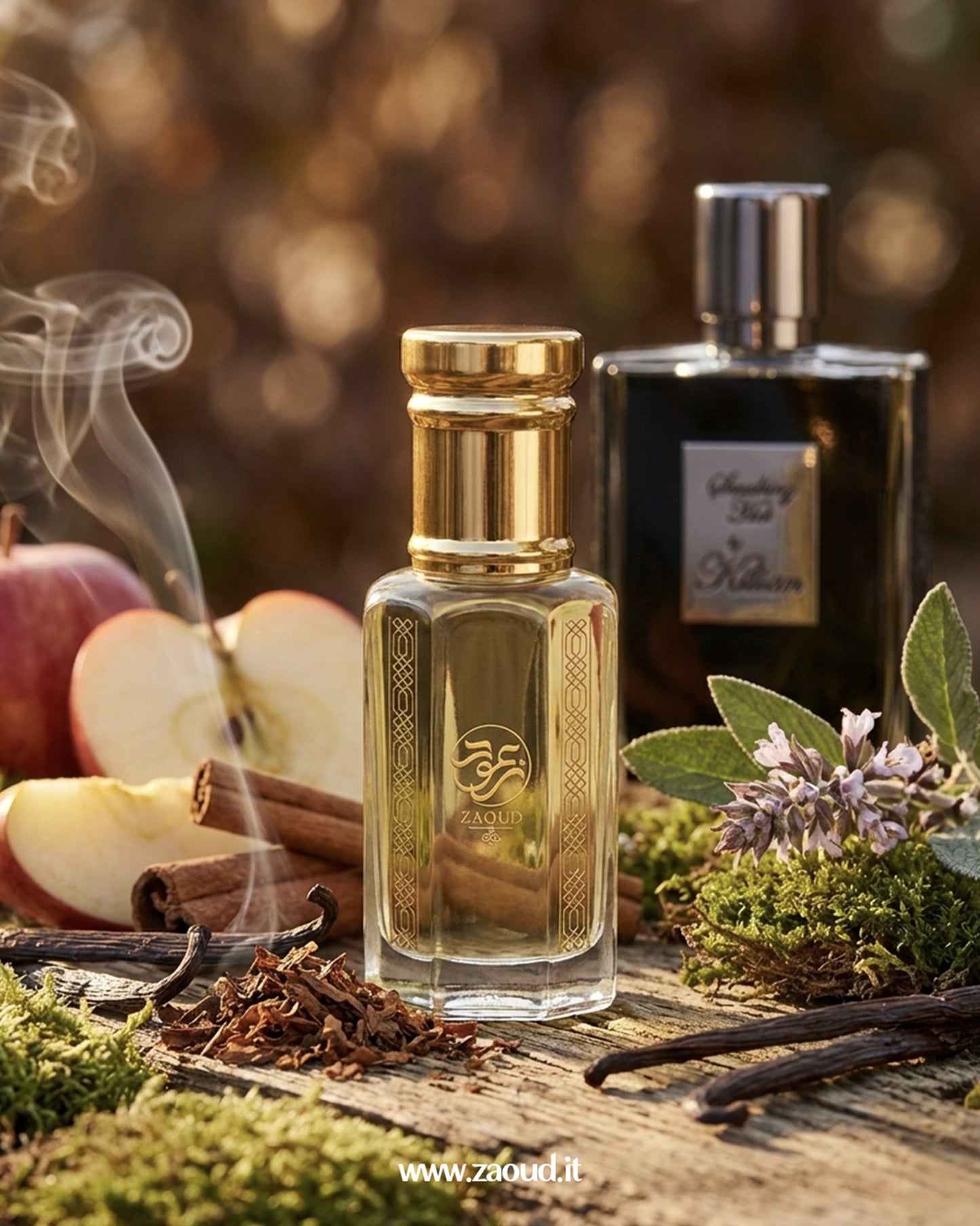 ignas-noir-smoking-hot-perfume-oil bottle with cinnamon, apples, and vanilla on a wooden surface with a blurred background.