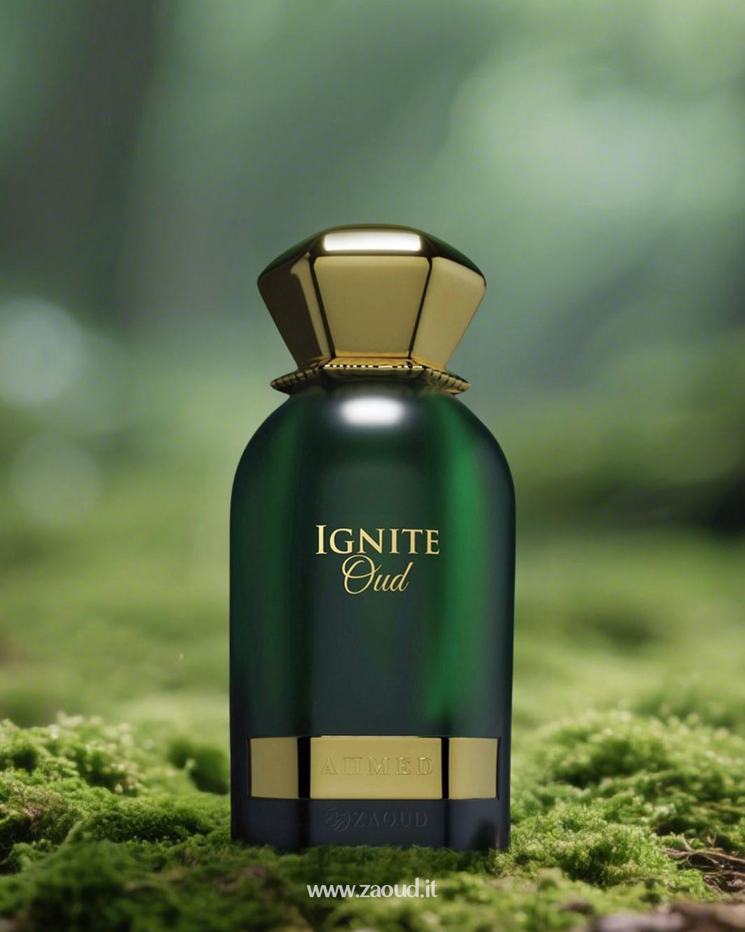 Ahmed Al Maghribi Ignite Oud perfume bottle with a luxurious green and gold design, set against a serene mossy background, offering a rich Arabian oud fragrance.