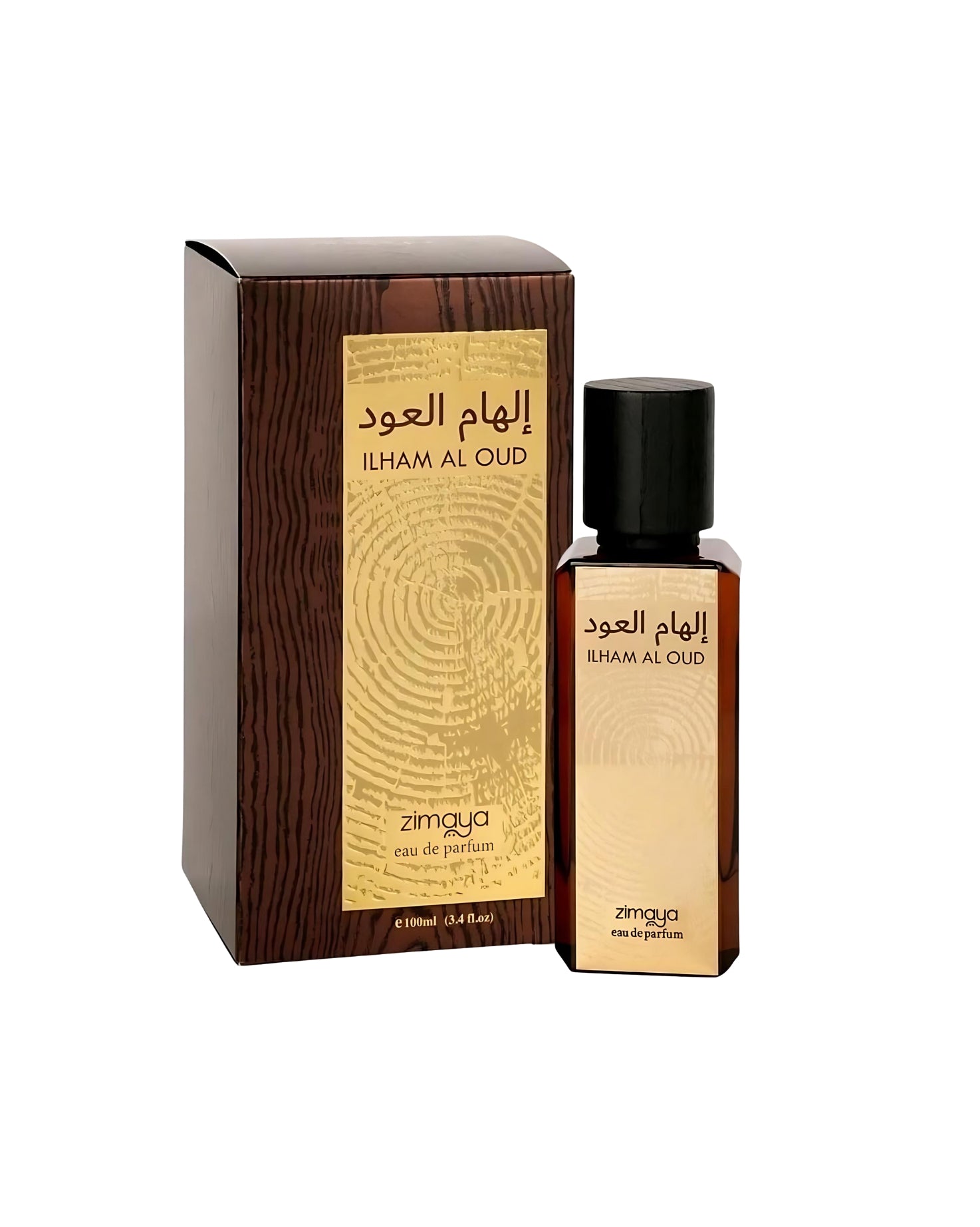 ilham al oud perfume bottle and box against white background