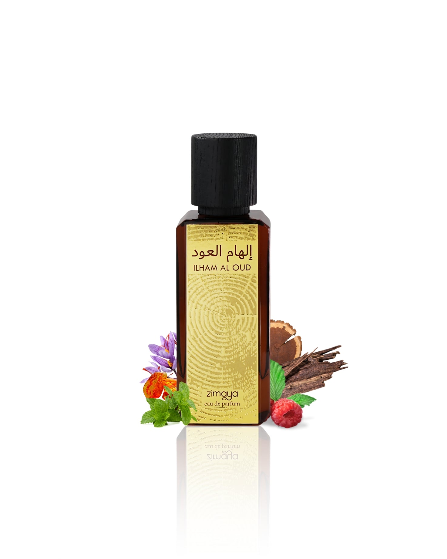 ilham al oud perfume bottle surrounded by patchouli oud against white background