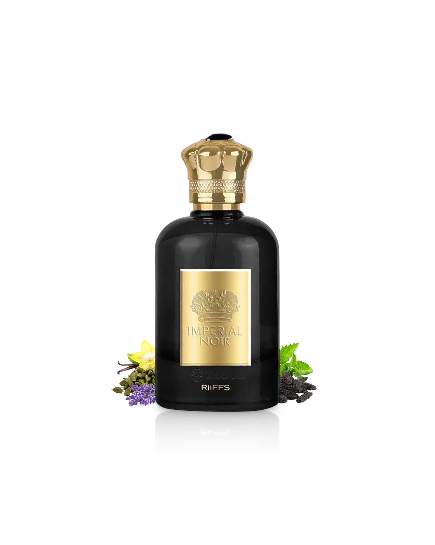 riiffs imperial noir perfume bottle surrounded with fragrance notes like lavender and patchouli shows against white background