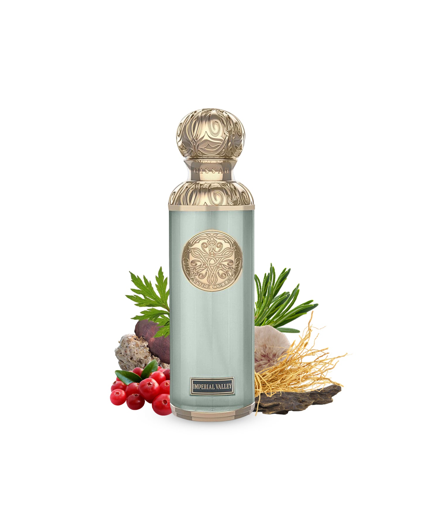 imperial valley by gissah perfume bottle surrounded with its ingredients like oud and ambergris with many others shows from behind the bottle against white background