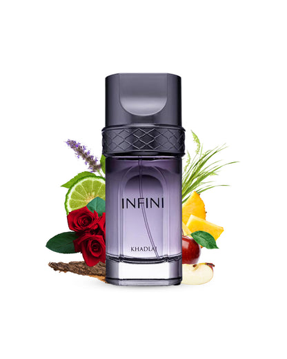 infini eau de parfum  by khadlaj purple colour perfume bottle surrounded with its ingredients like rose and apple and many more showing from behind the bottle against white background