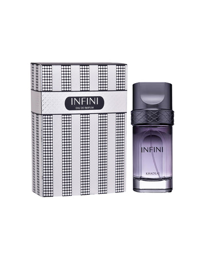 infini eau de parfum by khadlaj perfume bottle beside its box shows against white background