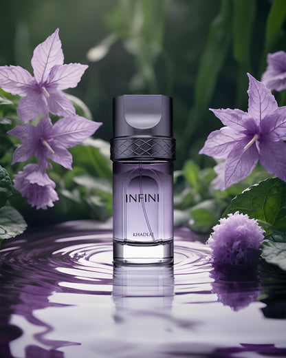 infini eau de parfum by khadlaj purple colour perfume bottle photograph over clean water and surrounded by green and purple colour flowers.