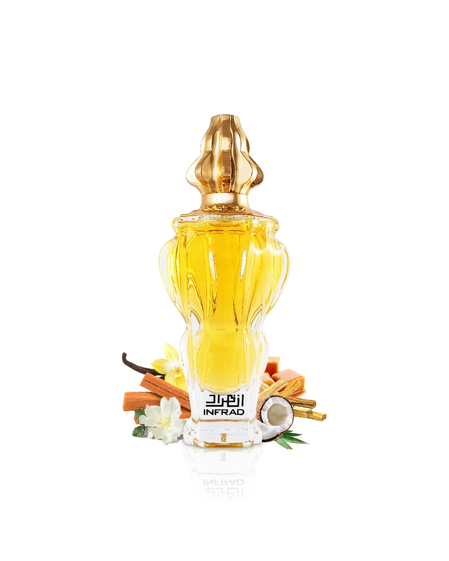 zimaya infrad luxe perfume bottle surrounded with fragrance notes like jasmine and coconut shows against white background