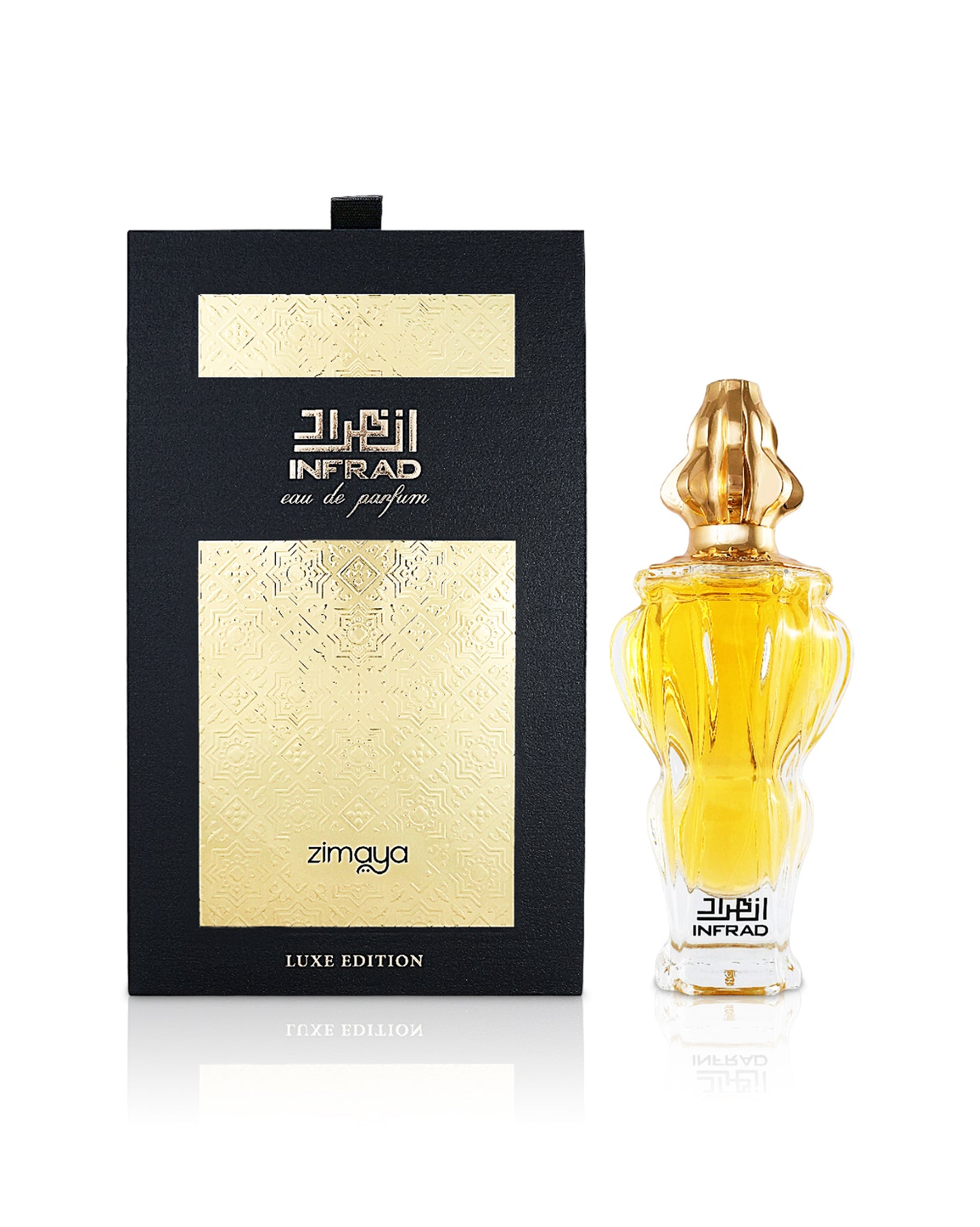 zimaya infrad luxe perfume bottle shows beside its box against white background