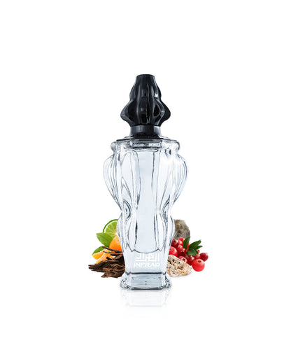 zimaya infrad noir perfume bottle surrounded with fragrance notes like oud and citrus shows against white background