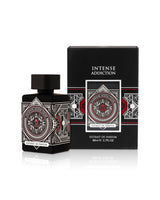 intense addiction perfume bottle shows beside its box against white background