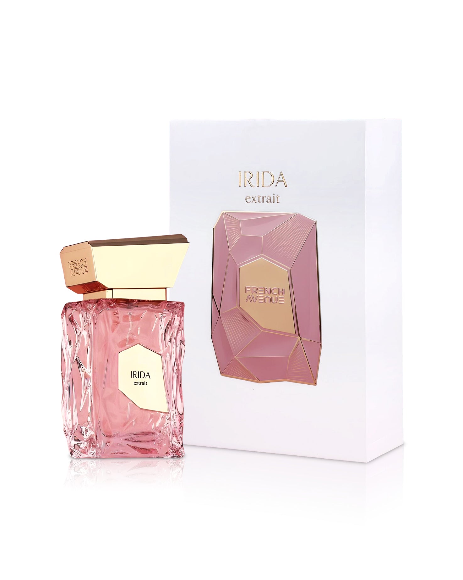 french avenue irida extrait de parfum bottle shows beside its box against white background