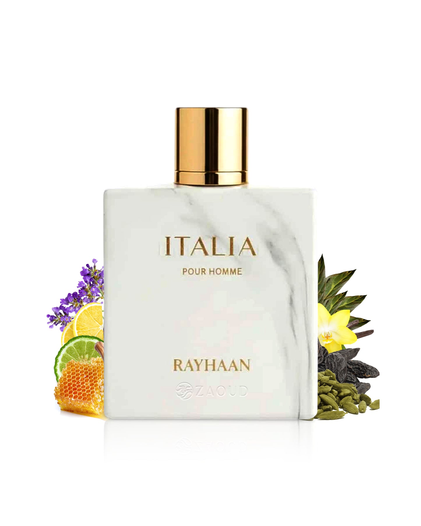 rayhaan italian perfume bottle surrounded by honey and spics shows against white background