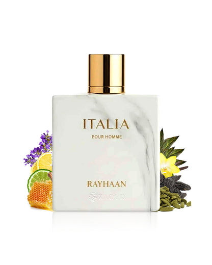 rayhaan italian perfume bottle surrounded by honey and spics shows against white background
