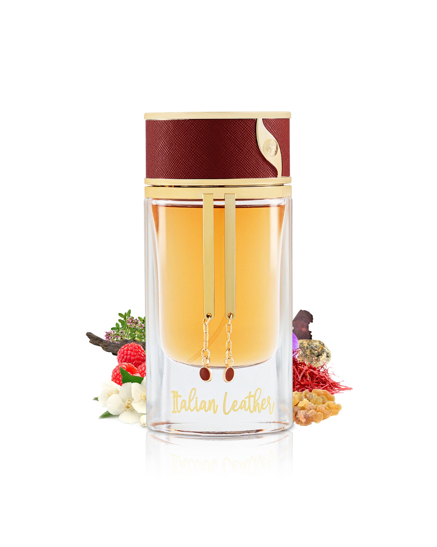 maison asrar italian leather perfume bottle surrounded with fragrance notes like jasmine and saffron shows against white background