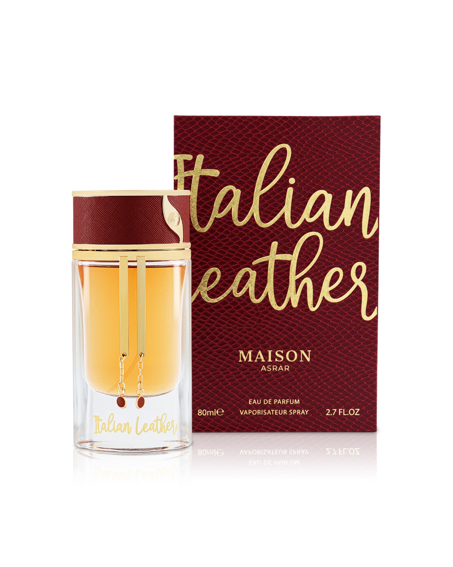 maison asrar italian leather perfume bottle shows beside its box against white background