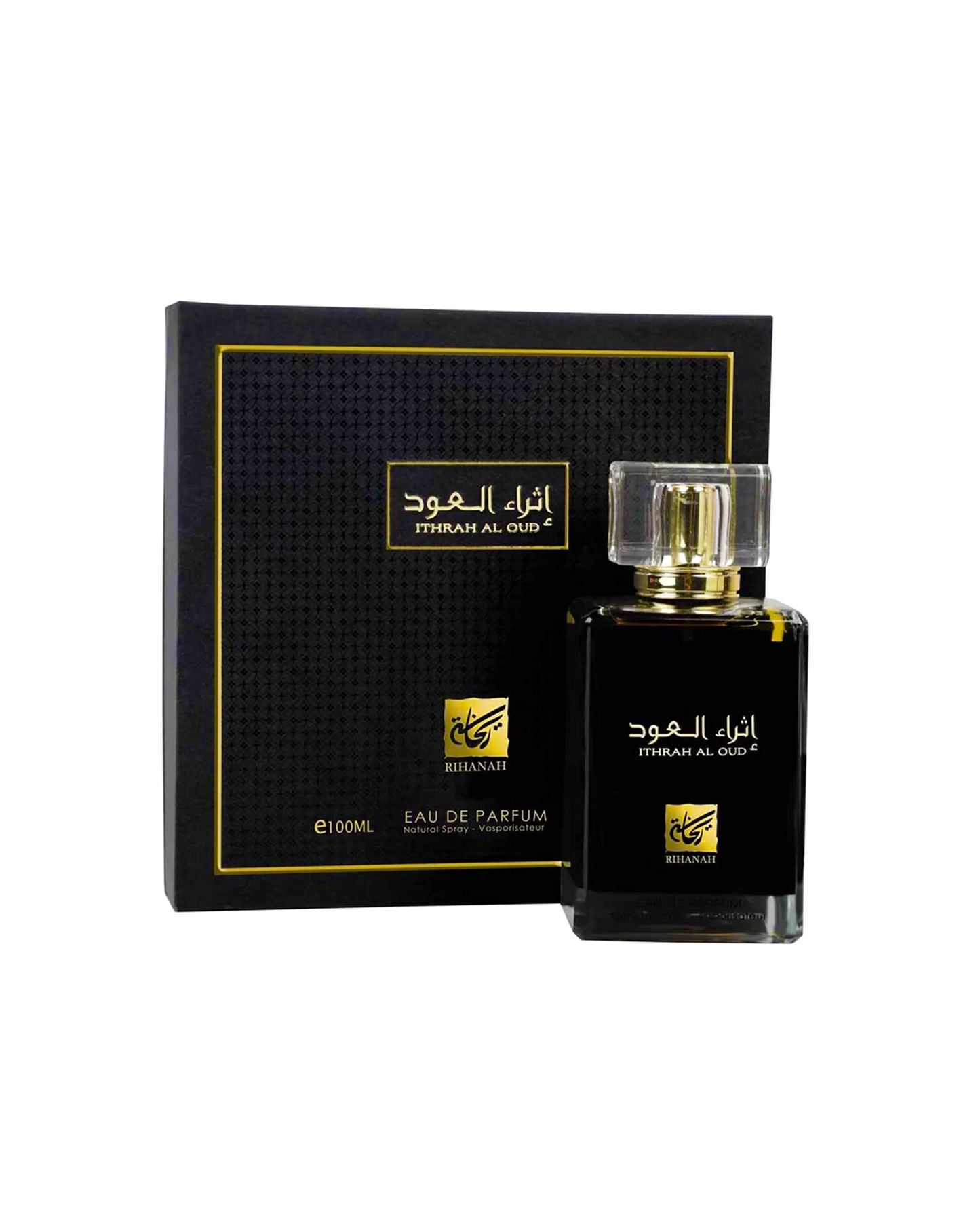 rihanah ithrah al oud perfume bottle shows beside its box against white background