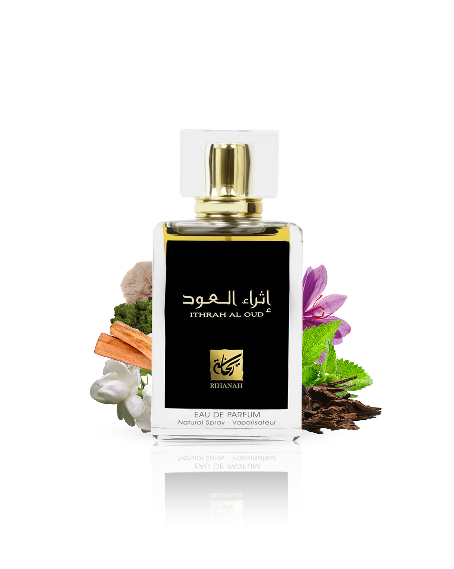 rihanah ithrah al oud perfume bottle surrounded with fragrance notes like jasmine and oud shows against white background