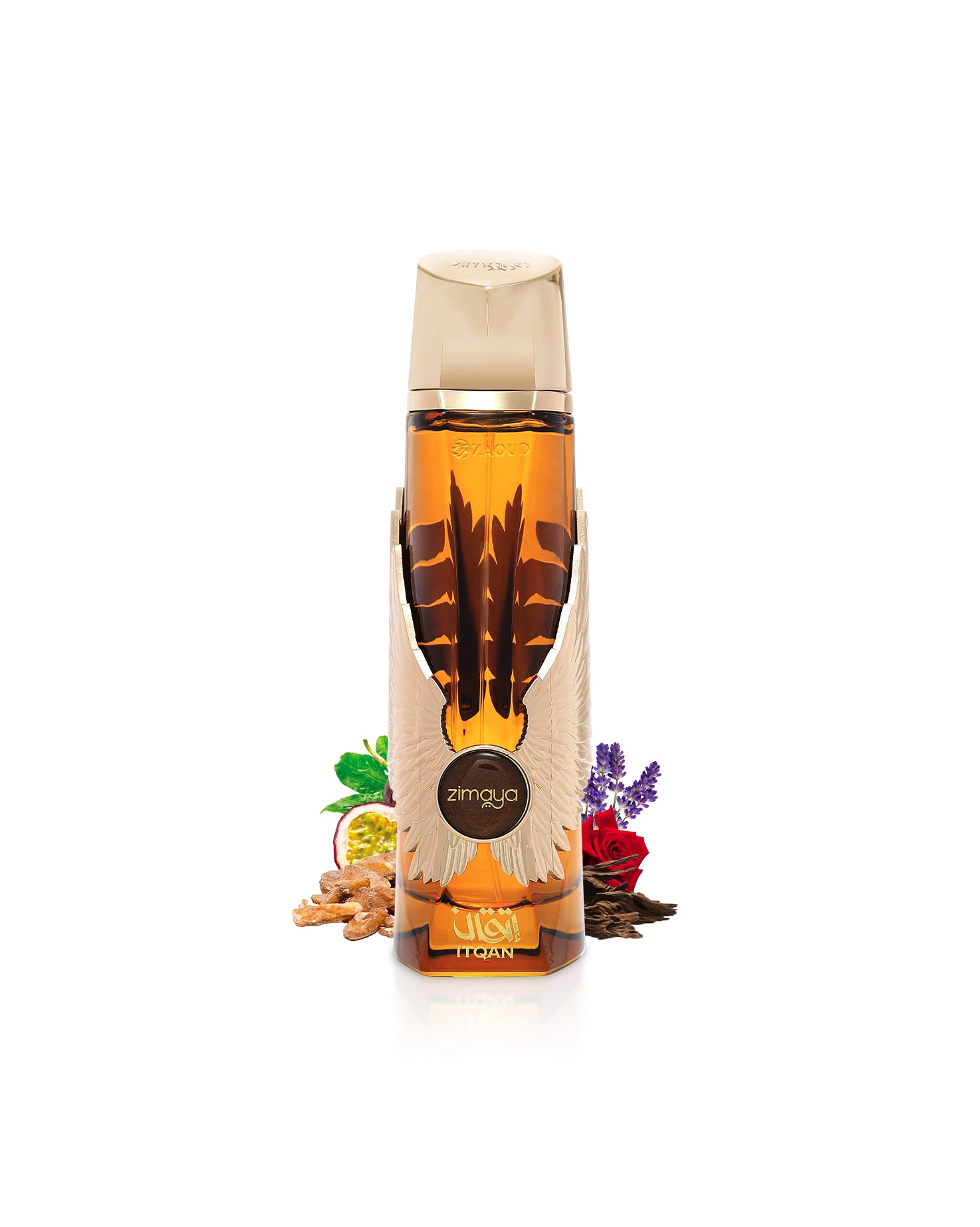 zimaya itqan gold perfume bottle surrounded with fragrance notes like passionfruit and rose shows against white background