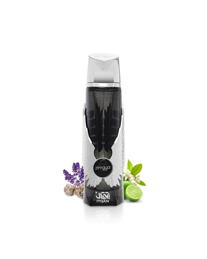 zimaya itqan noir Black bottle with silver cap on a white background, featuring the brand 'Zimaya'.