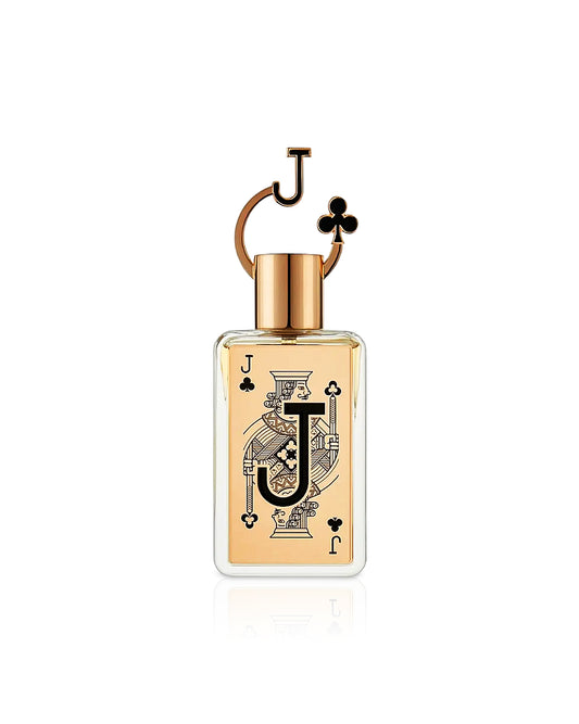Fragrance world jack of clubs Perfume bottle with playing card design on a white background