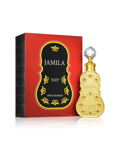 swiss arabian jamila perfume oil botte shows beside its box against white background