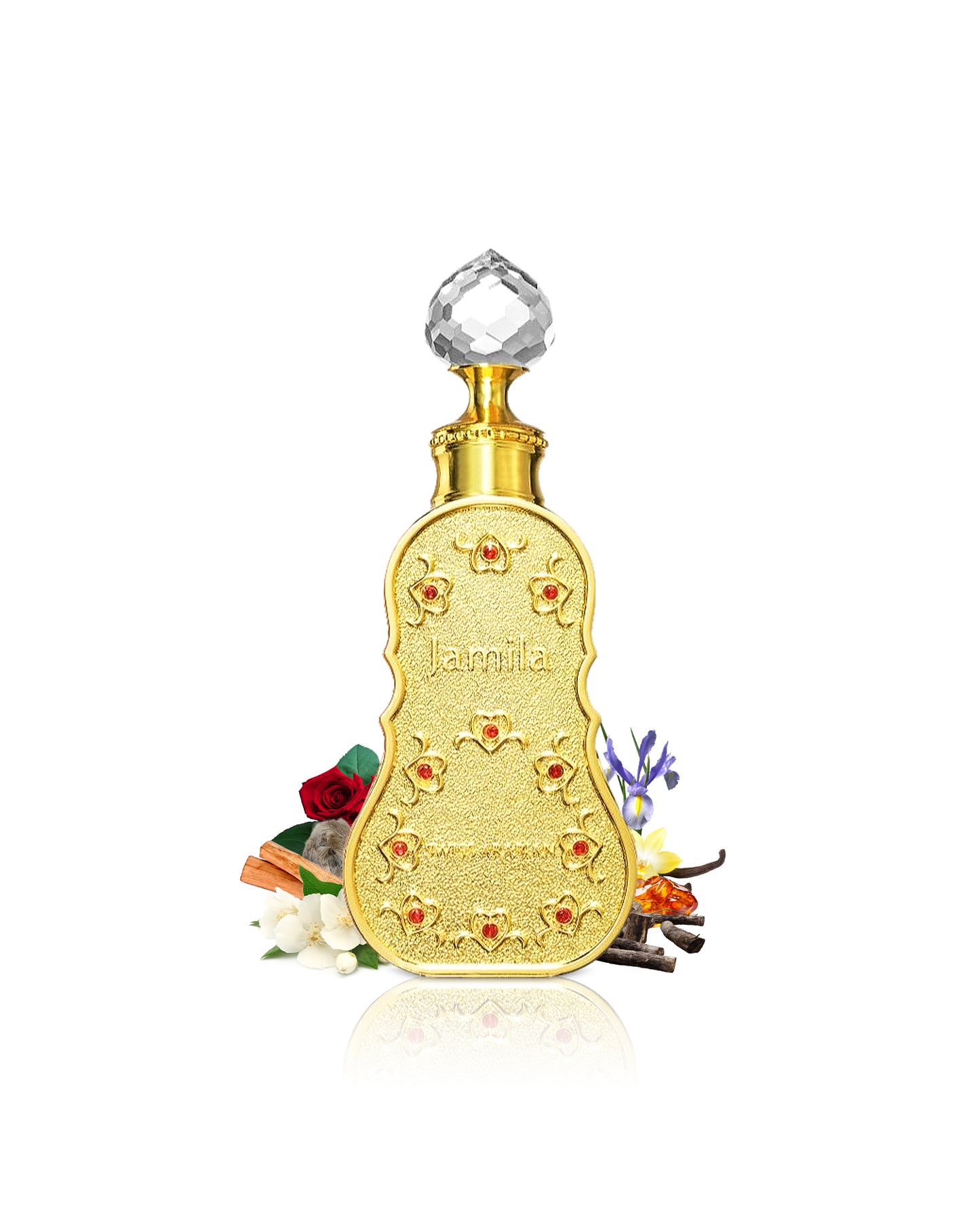 swiss arabian jamila perfume oil botte surrounded with fragrance notes like rose and jasmine shows from behind the bottle against white background