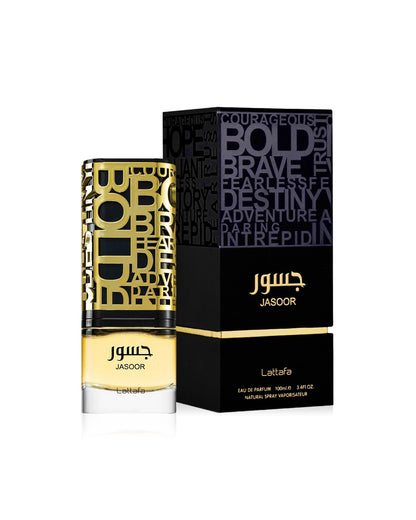 jasoor eau de parfum by lattafa perfumes bottle beside its box shows against white background