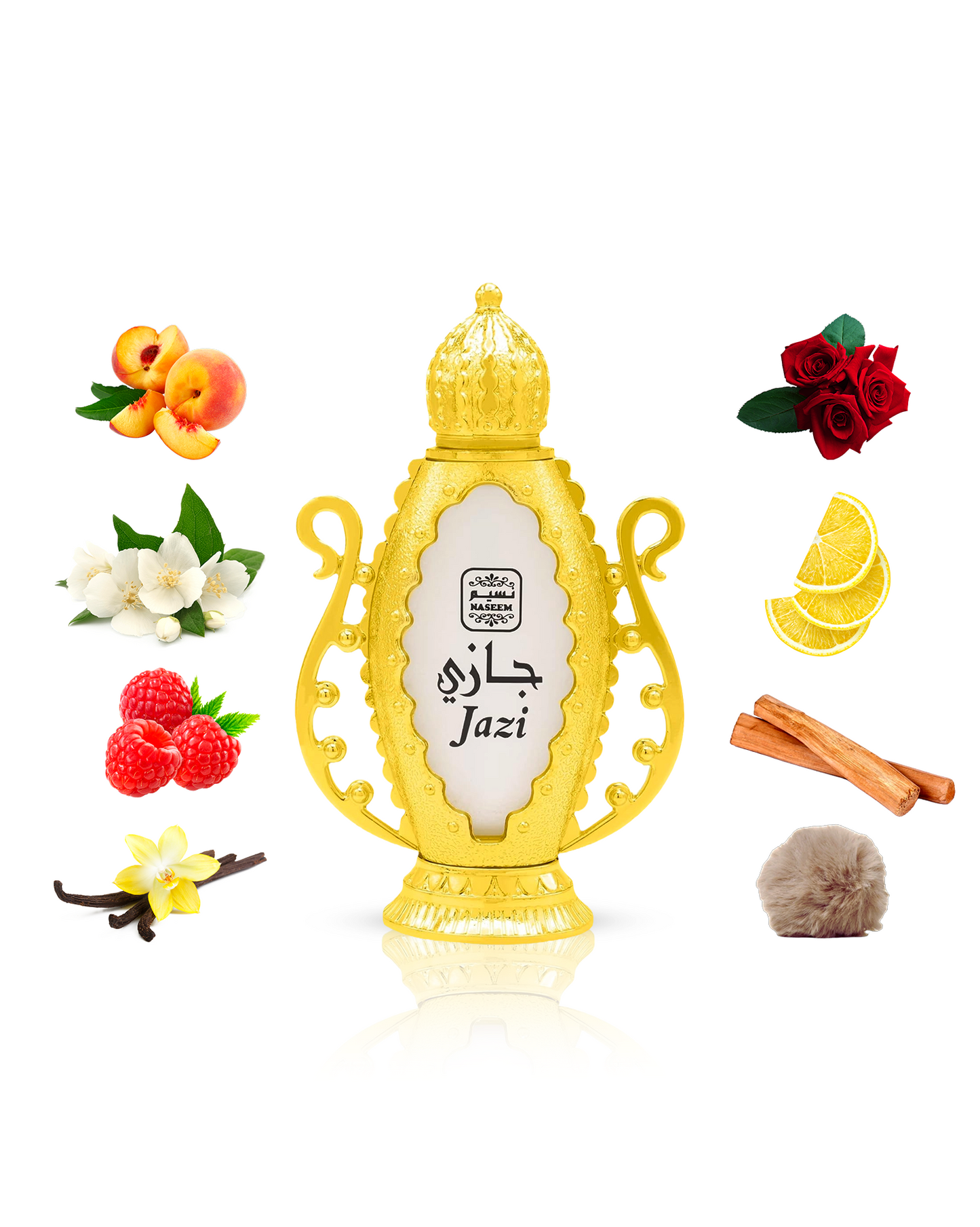 jazi perfume bottle by naseem surrounded with its ingredients like vanilla and rose with many others shows against white background