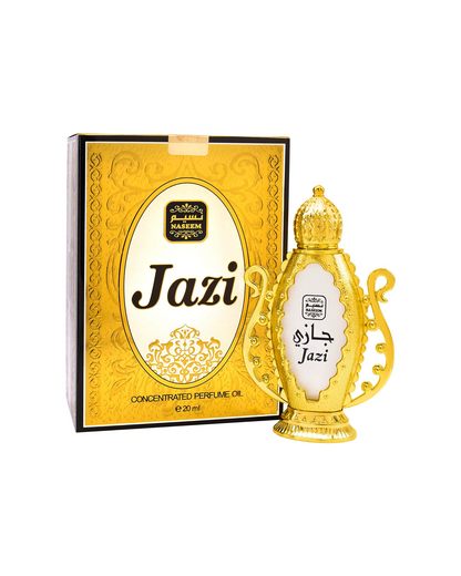 jazi perfume bottle by naseem beside its box shows against white background