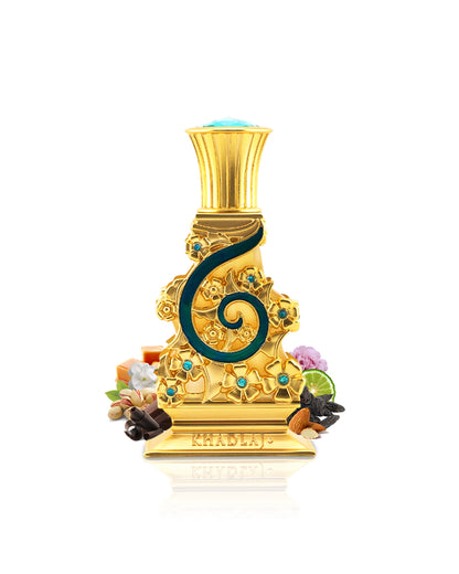 khadlaj johayna perfume oil bottle surrounded with fragrance notes like pistachio and chocolate shows against white background