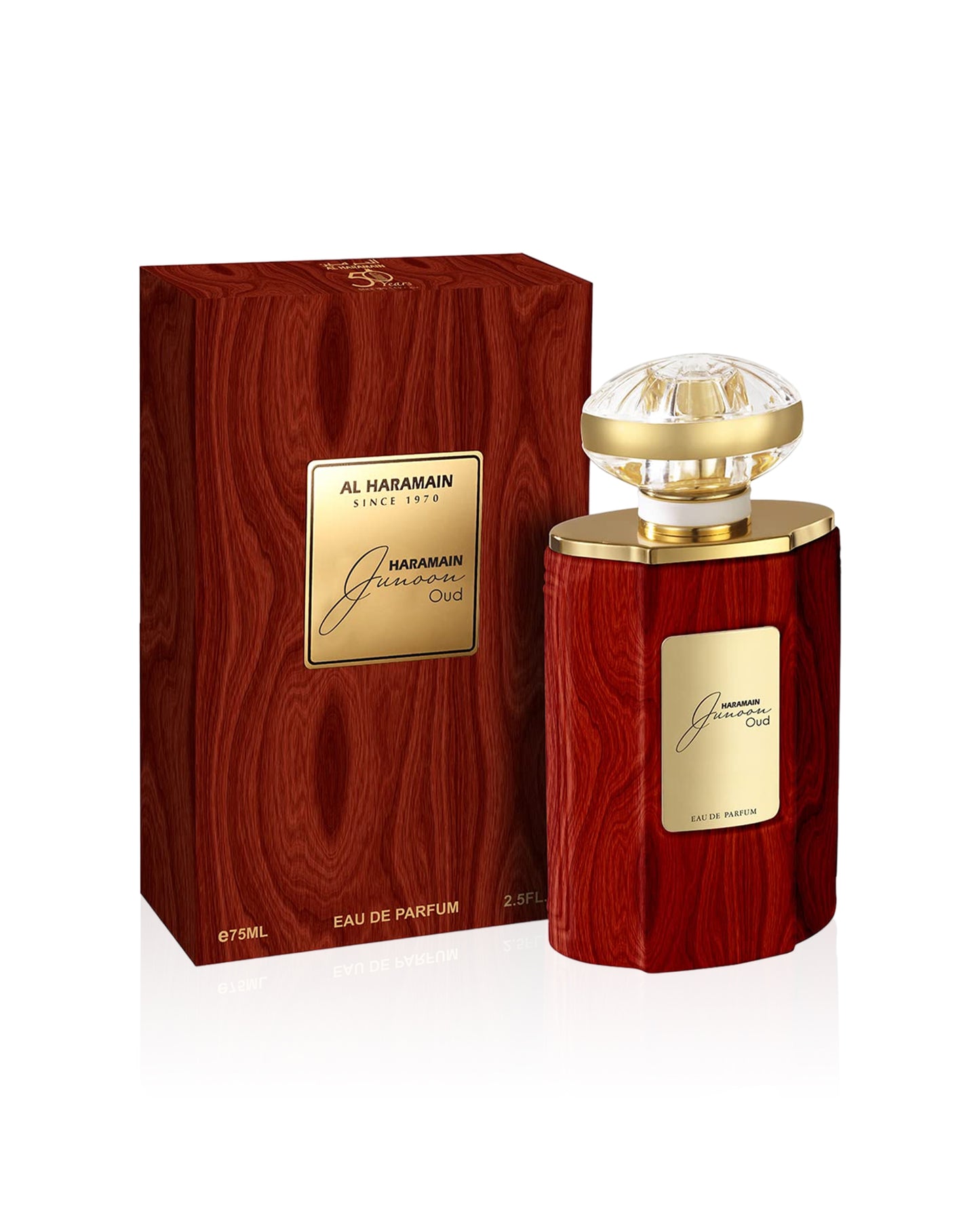 junoon oud by al haramain perfume bottle shows beside its box against white background