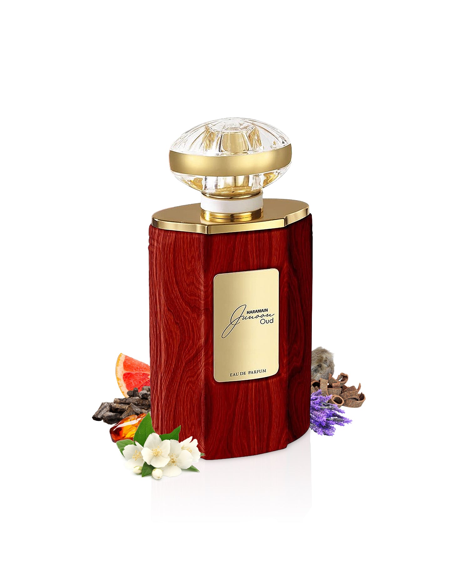 junoon oud by al haramain perfume bottle surrounded with its ingredients like grapefruit and jasmine with many others shows from behind the bottle  against white background