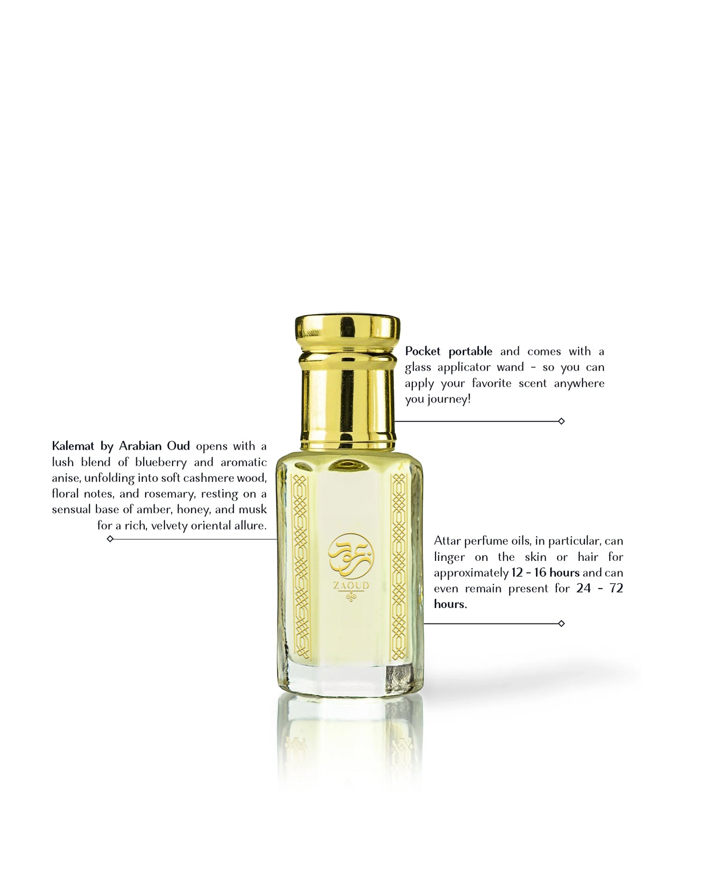 kaleema perfume oil bottle beside written fragrance informations